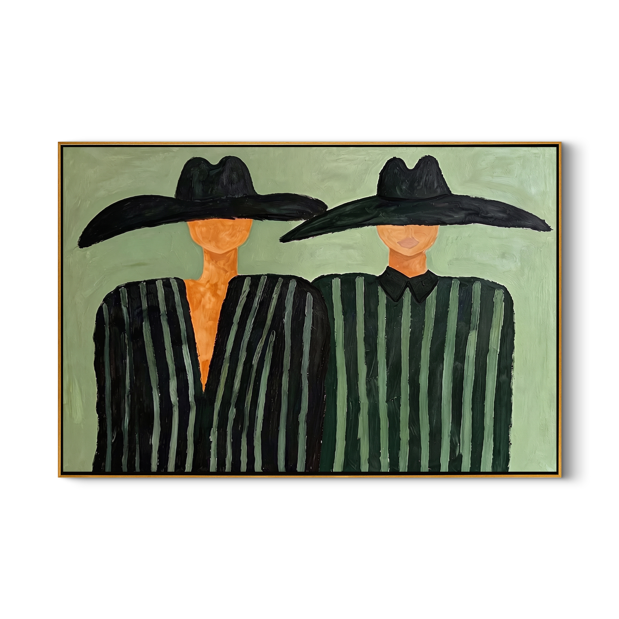 The Sage Echo – Modernist Sage Green Striped Figures Painting | Minimalist High-End Entryway Art