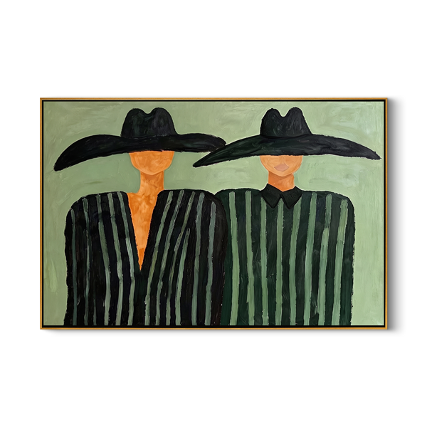 The Sage Echo – Modernist Sage Green Striped Figures Painting | Minimalist High-End Entryway Art