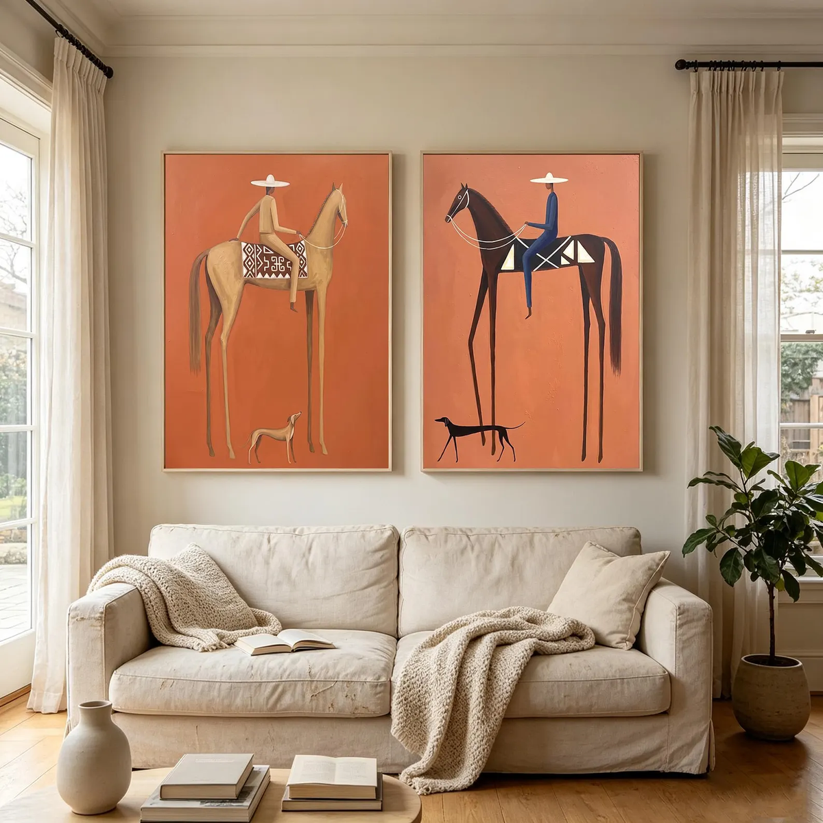 Terracotta Riders Apart – Horse Rider Diptych | Modern Western Vertical Wall Art