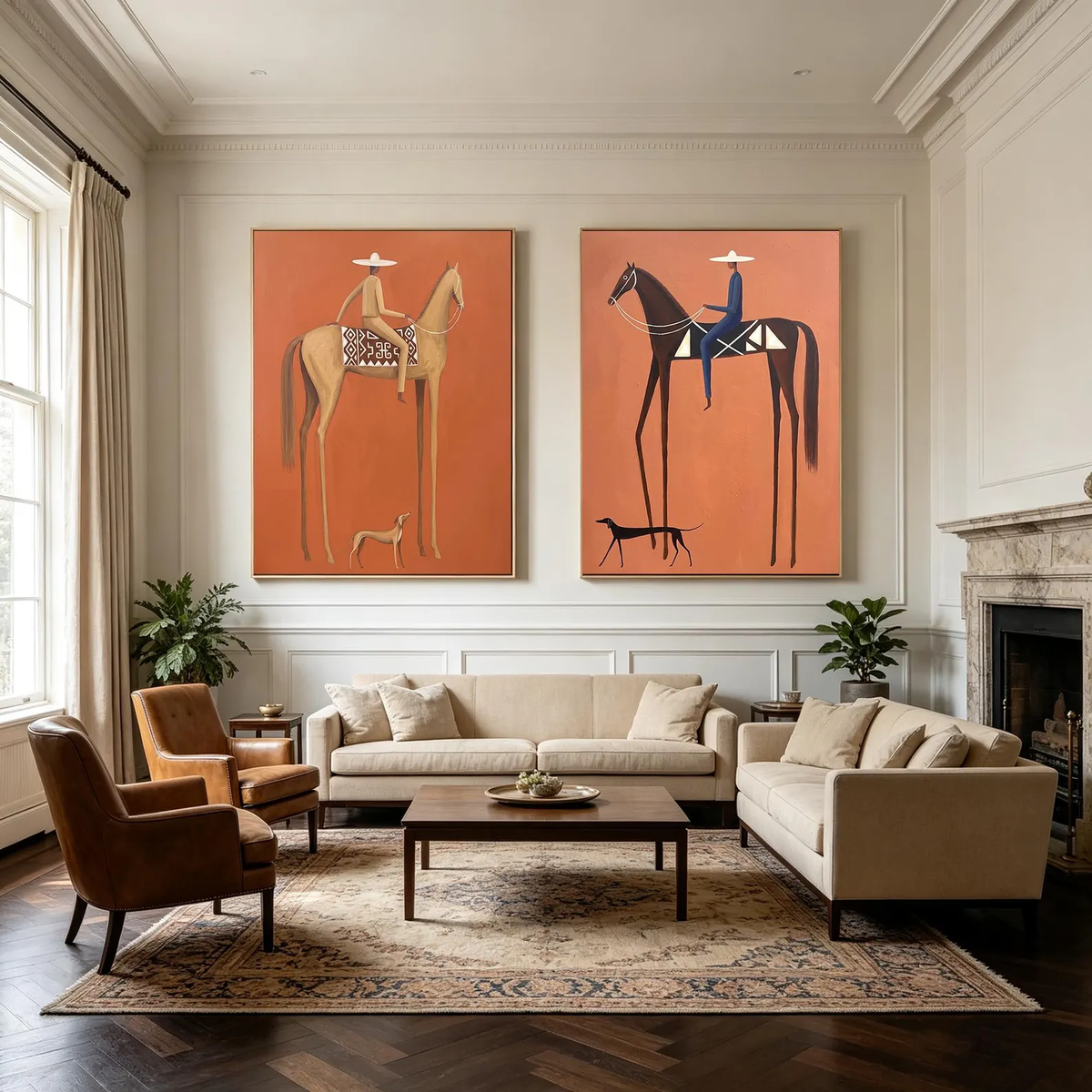 Terracotta Riders Apart – Horse Rider Diptych | Modern Western Vertical Wall Art