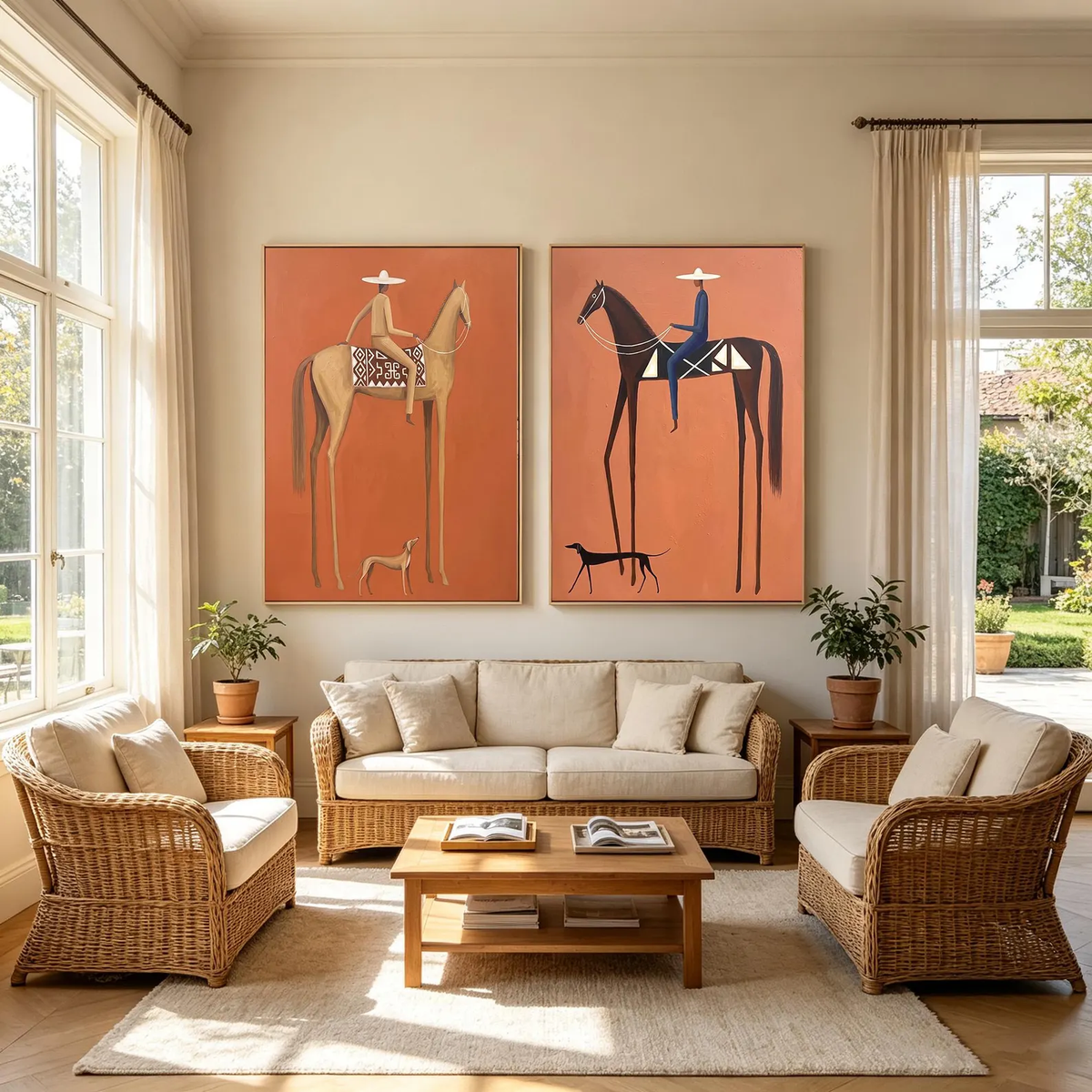 Terracotta Riders Apart – Horse Rider Diptych | Modern Western Vertical Wall Art