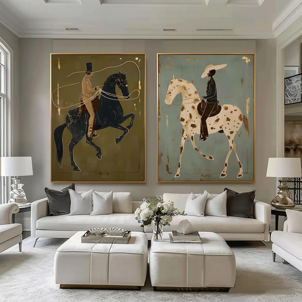 Sage Riders Together – Olive Horse Rider Diptych | Modern Western Vertical Wall Art