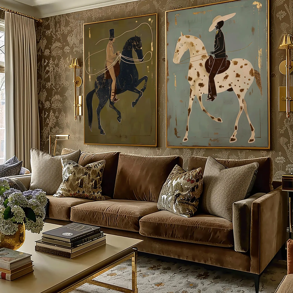Sage Riders Together – Olive Horse Rider Diptych | Modern Western Vertical Wall Art