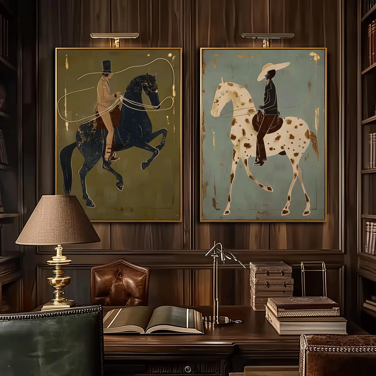 Sage Riders Together – Olive Horse Rider Diptych | Modern Western Vertical Wall Art