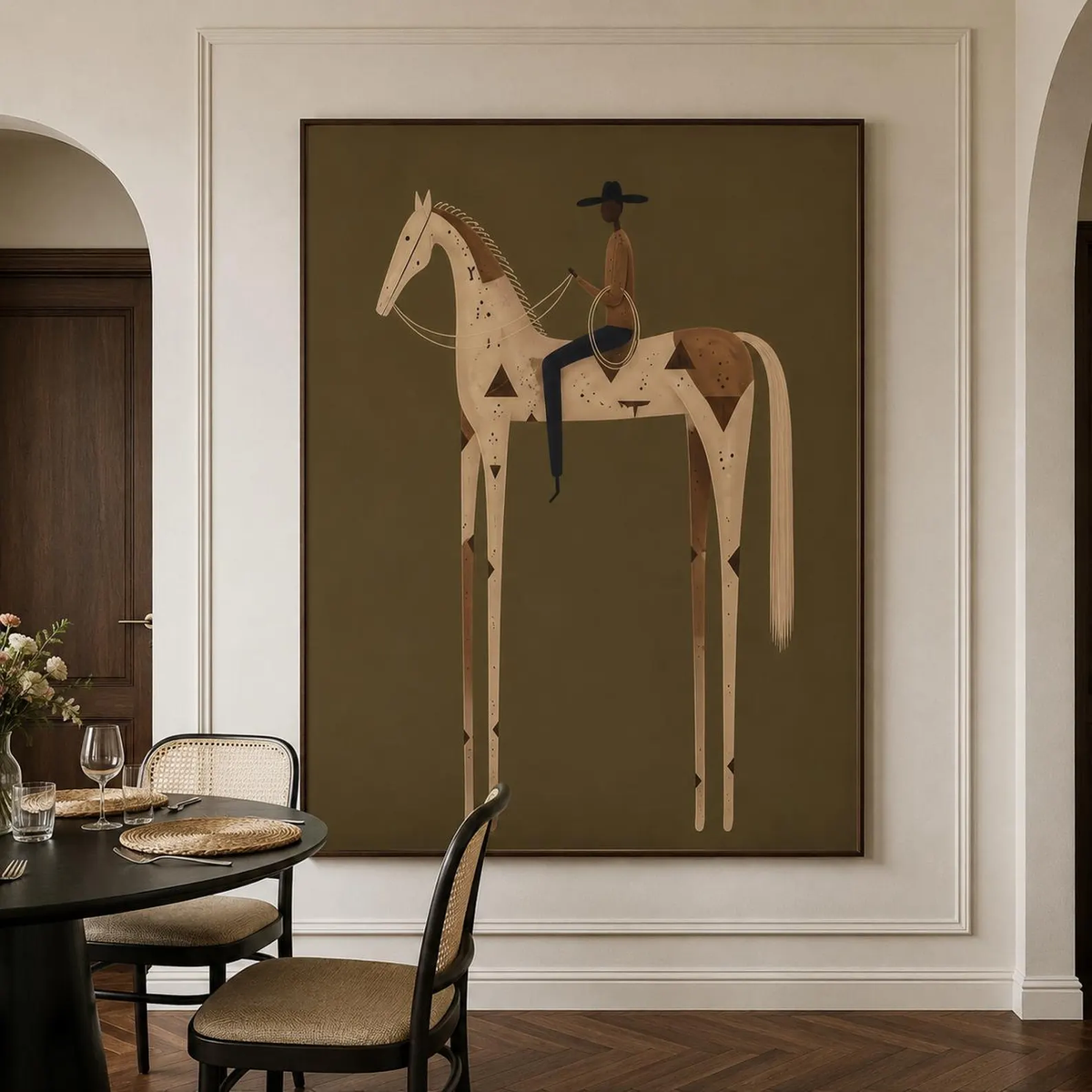 Ivory Rider at Dusk – Olive White Horse Rider Painting | Minimalist Western Vertical Wall Art