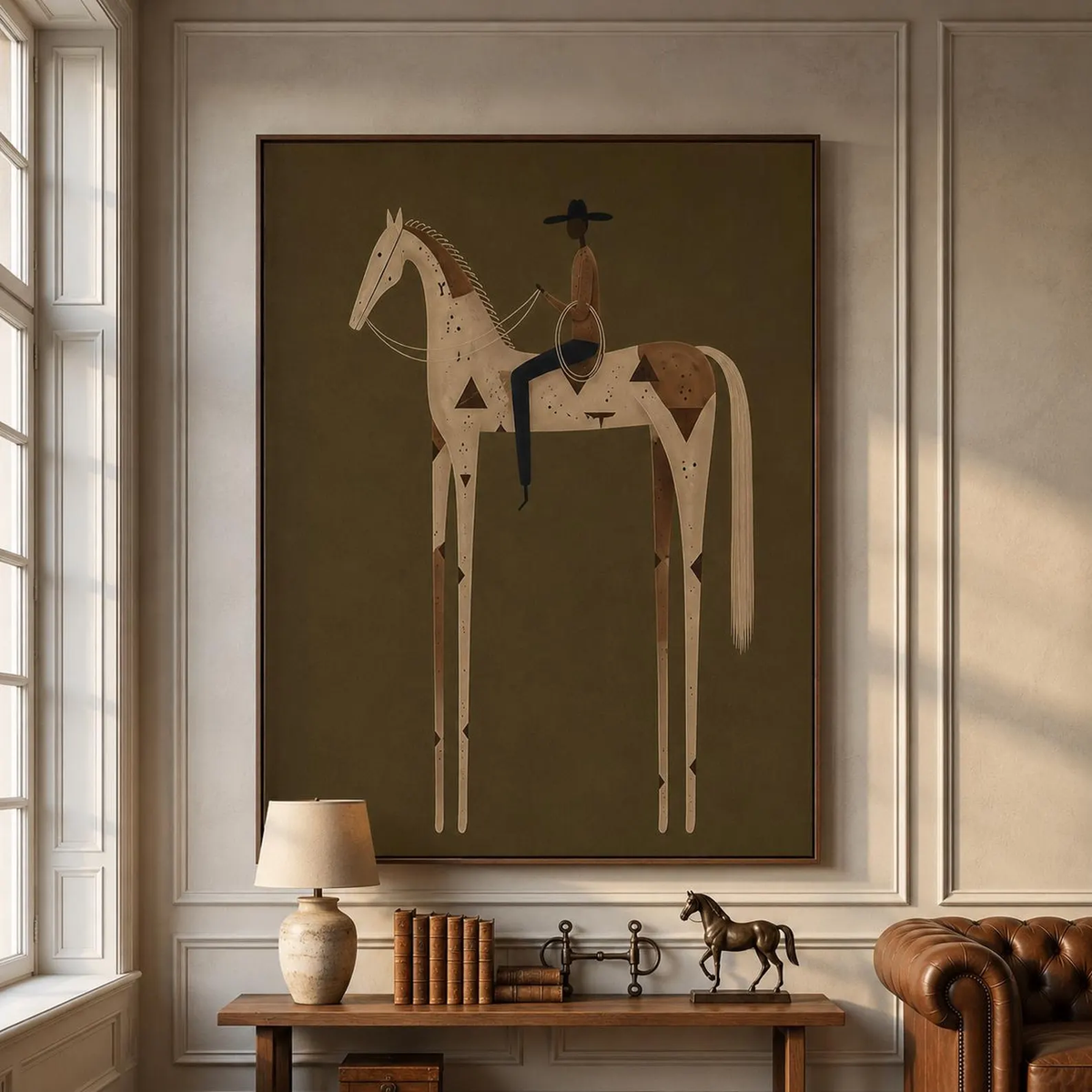 Ivory Rider at Dusk – Olive White Horse Rider Painting | Minimalist Western Vertical Wall Art