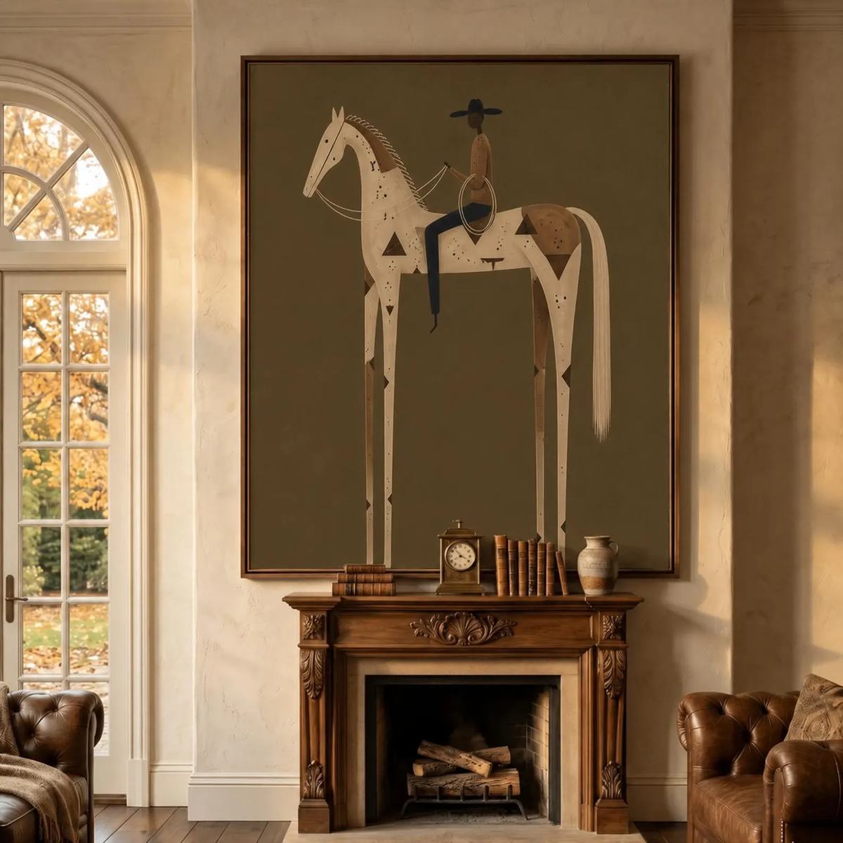 Ivory Rider at Dusk – Olive White Horse Rider Painting | Minimalist Western Vertical Wall Art