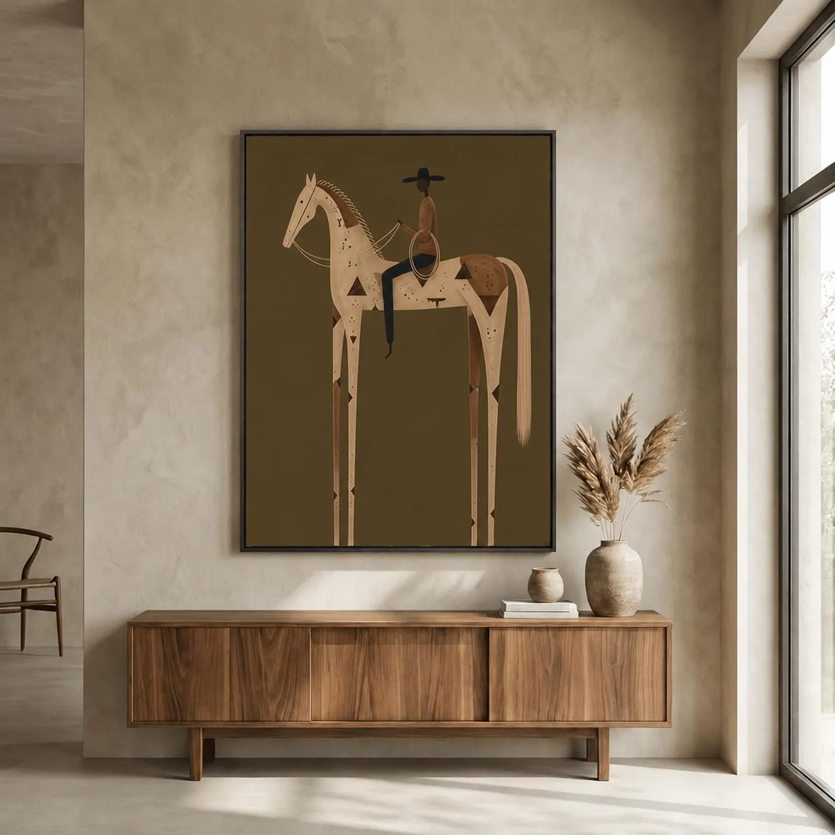 Ivory Rider at Dusk – Olive White Horse Rider Painting | Minimalist Western Vertical Wall Art