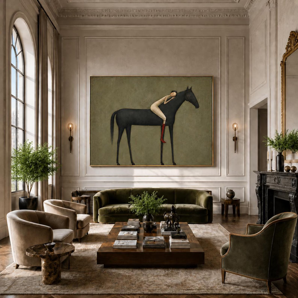 Midnight Horse Embrace – Minimalist Black Horse and Figure Painting | Modern Western Horizontal Wall Art