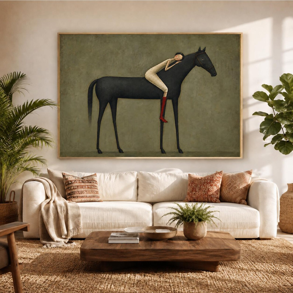 Midnight Horse Embrace – Minimalist Black Horse and Figure Painting | Modern Western Horizontal Wall Art
