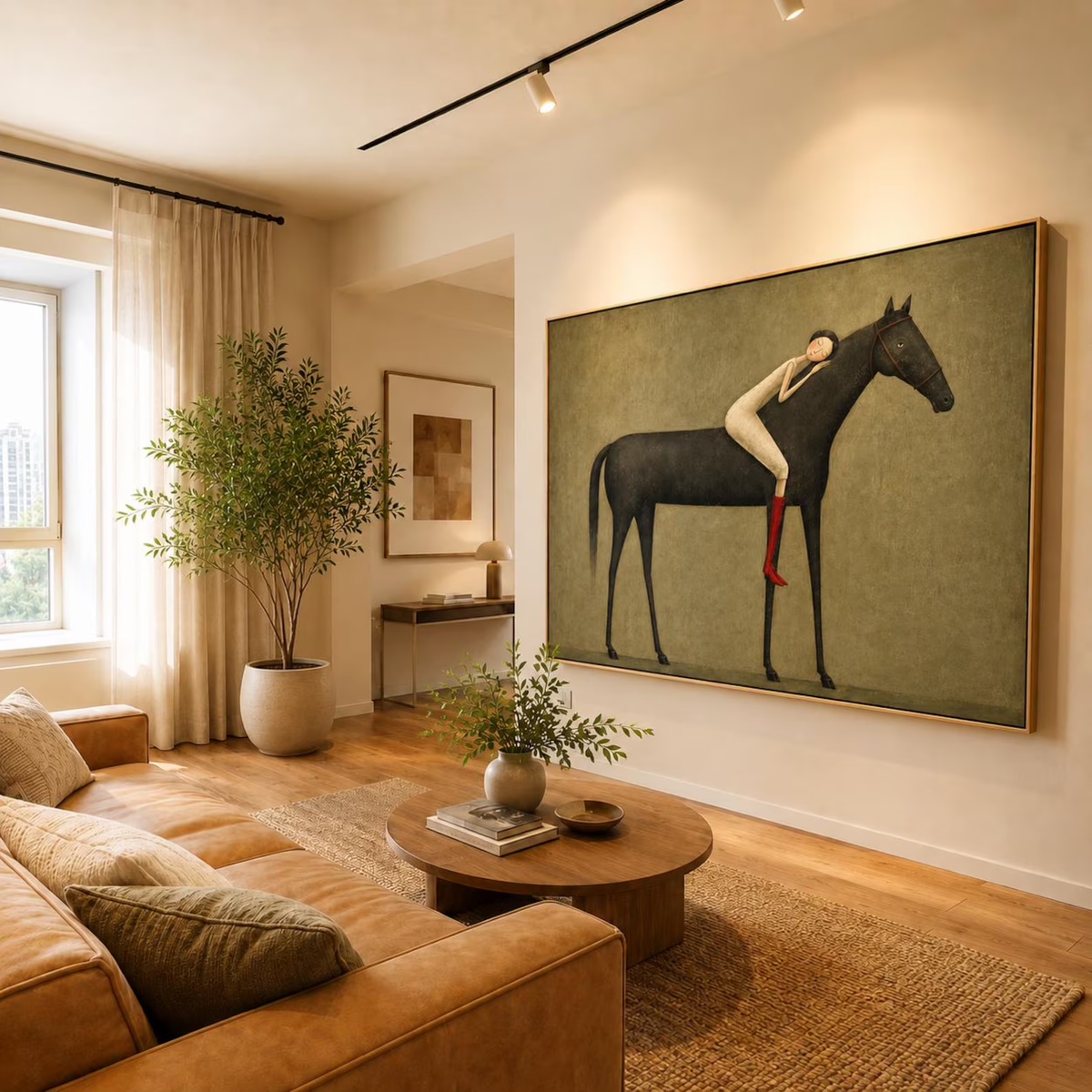 Midnight Horse Embrace – Minimalist Black Horse and Figure Painting | Modern Western Horizontal Wall Art