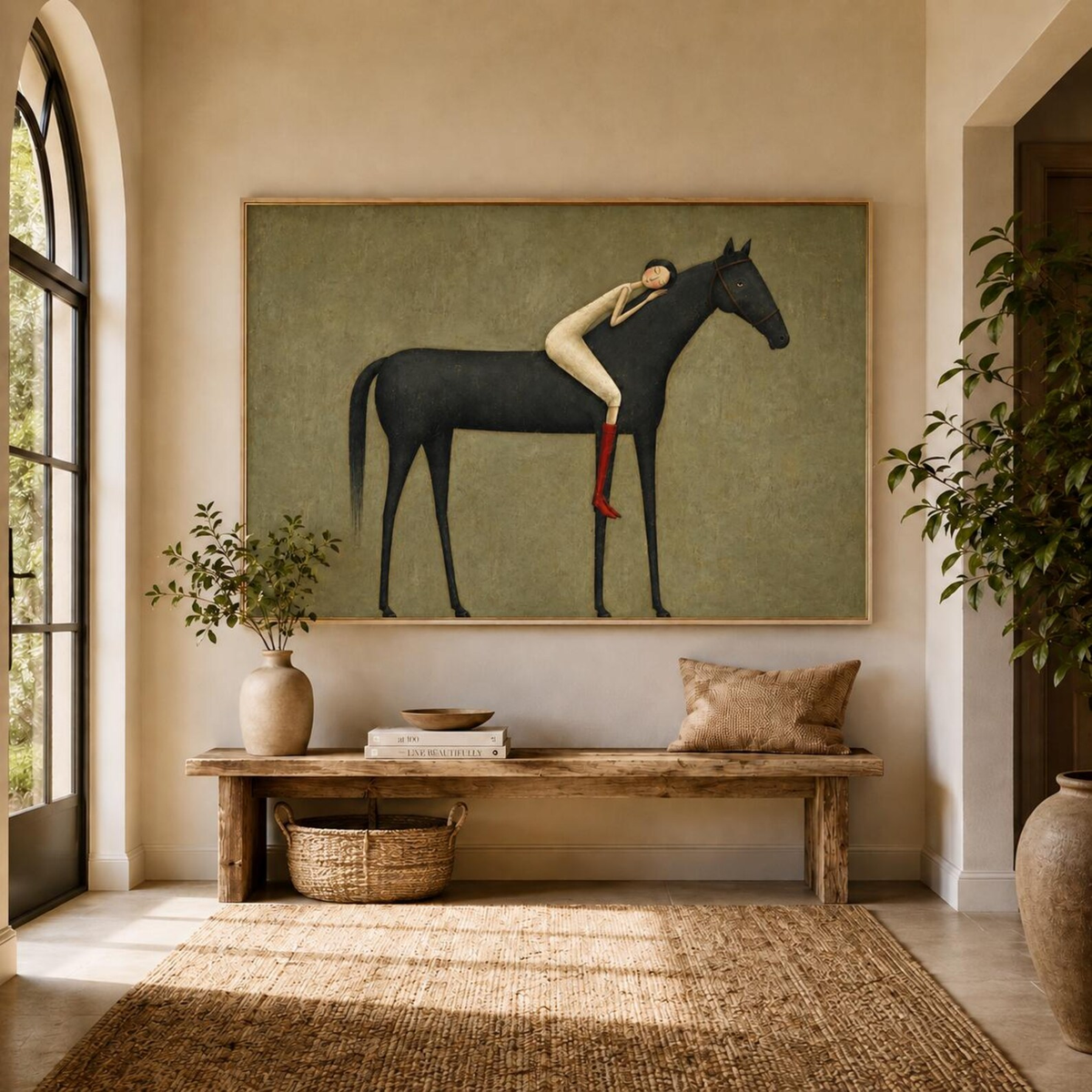 Midnight Horse Embrace – Minimalist Black Horse and Figure Painting | Modern Western Horizontal Wall Art