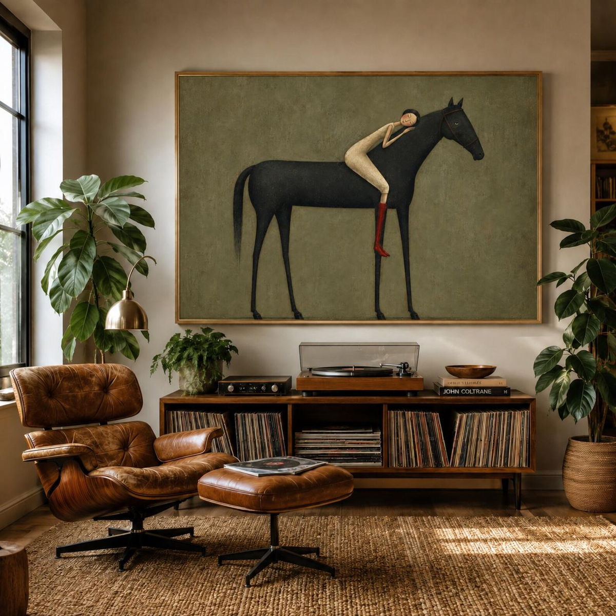 Midnight Horse Embrace – Minimalist Black Horse and Figure Painting | Modern Western Horizontal Wall Art
