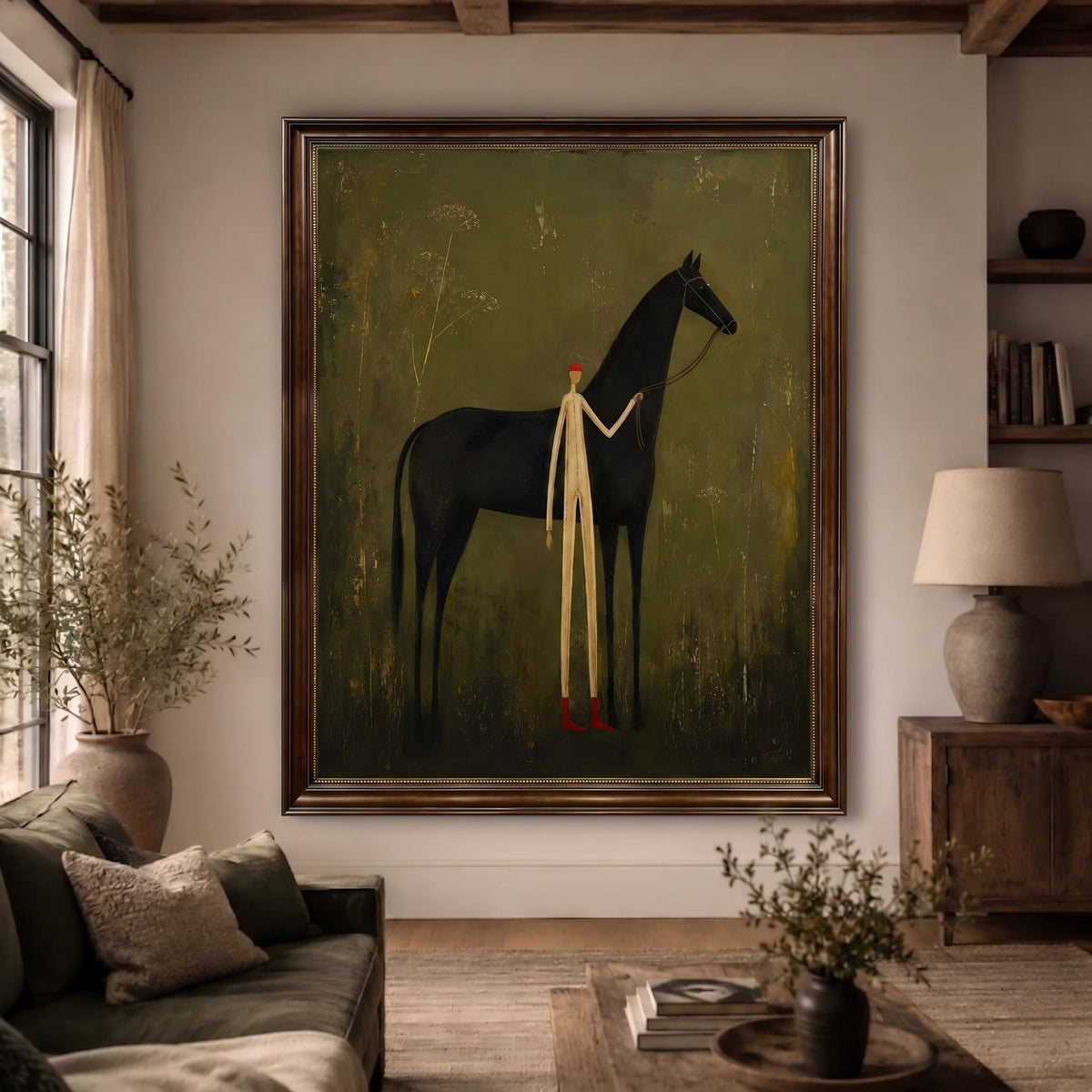 Ivory Guide Beside Midnight – Black Horse and Figure Painting | Minimalist Western Vertical Wall Art