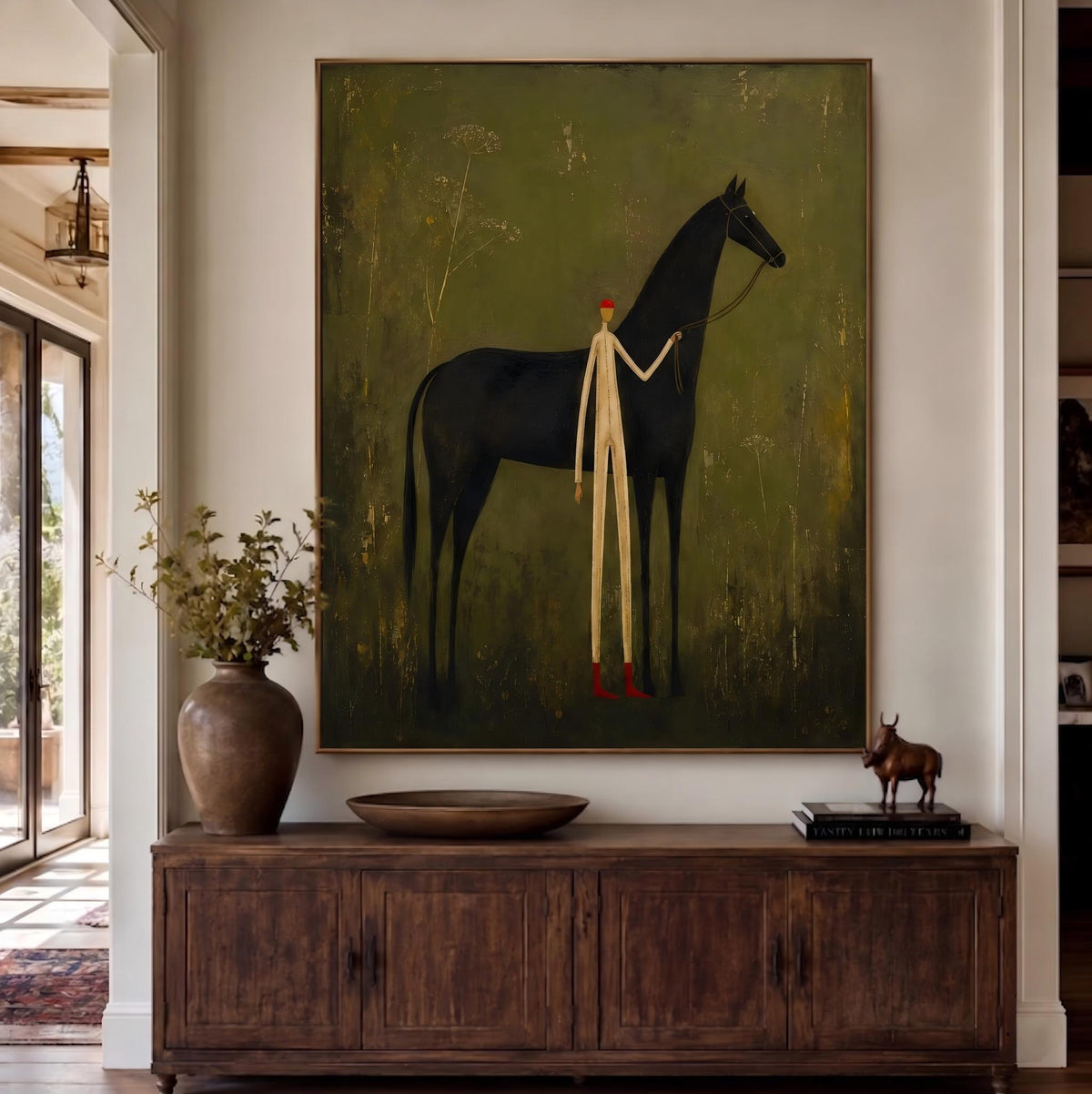 Ivory Guide Beside Midnight – Black Horse and Figure Painting | Minimalist Western Vertical Wall Art
