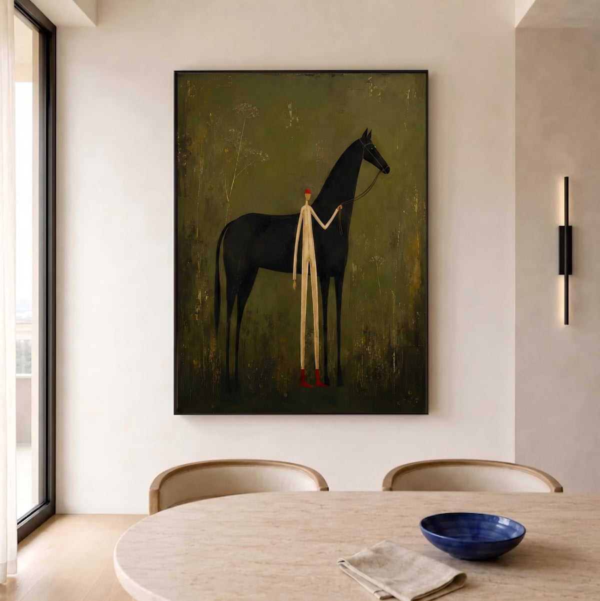 Ivory Guide Beside Midnight – Black Horse and Figure Painting | Minimalist Western Vertical Wall Art