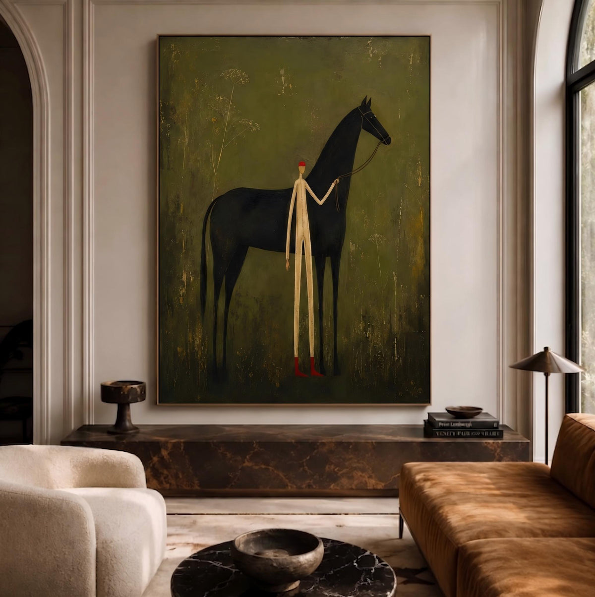 Ivory Guide Beside Midnight – Black Horse and Figure Painting | Minimalist Western Vertical Wall Art