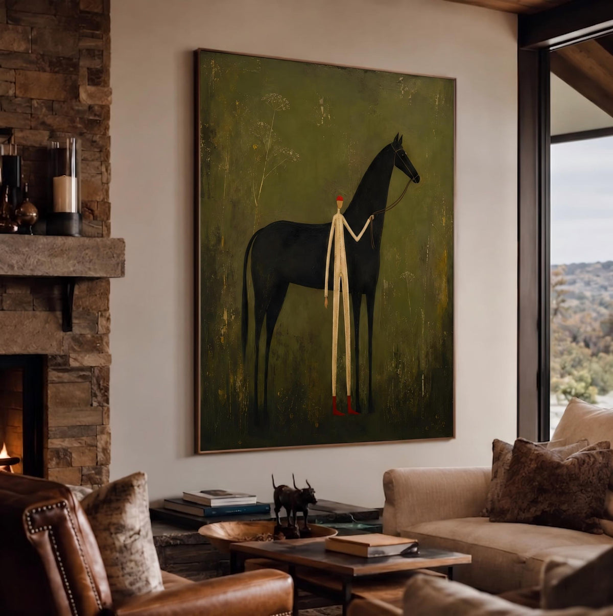 Ivory Guide Beside Midnight – Black Horse and Figure Painting | Minimalist Western Vertical Wall Art
