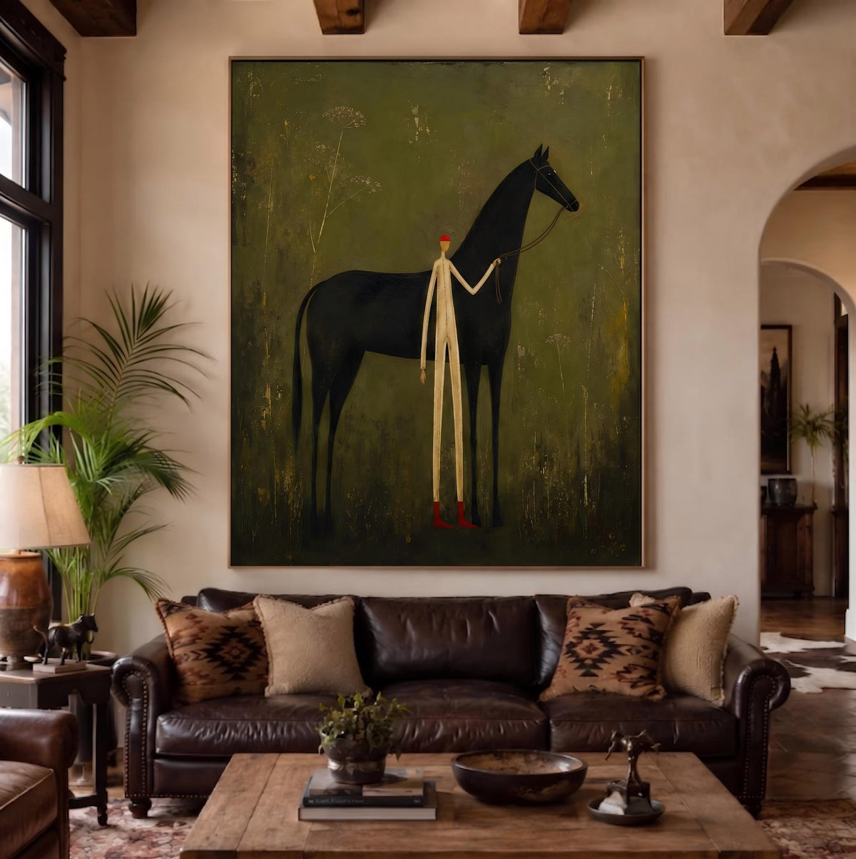 Ivory Guide Beside Midnight – Black Horse and Figure Painting | Minimalist Western Vertical Wall Art