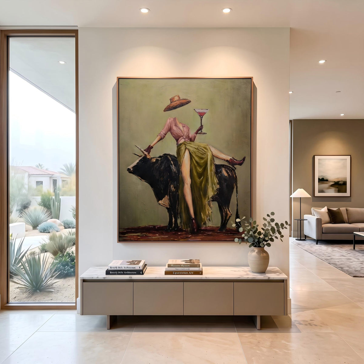 Martini Above Black Bull – Pop Art Cowgirl and Bull Painting | Bold Vertical Western Wall Art