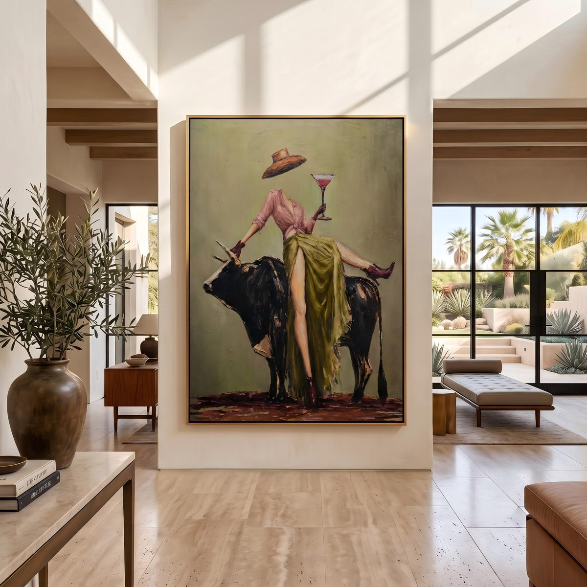 Martini Above Black Bull – Pop Art Cowgirl and Bull Painting | Bold Vertical Western Wall Art