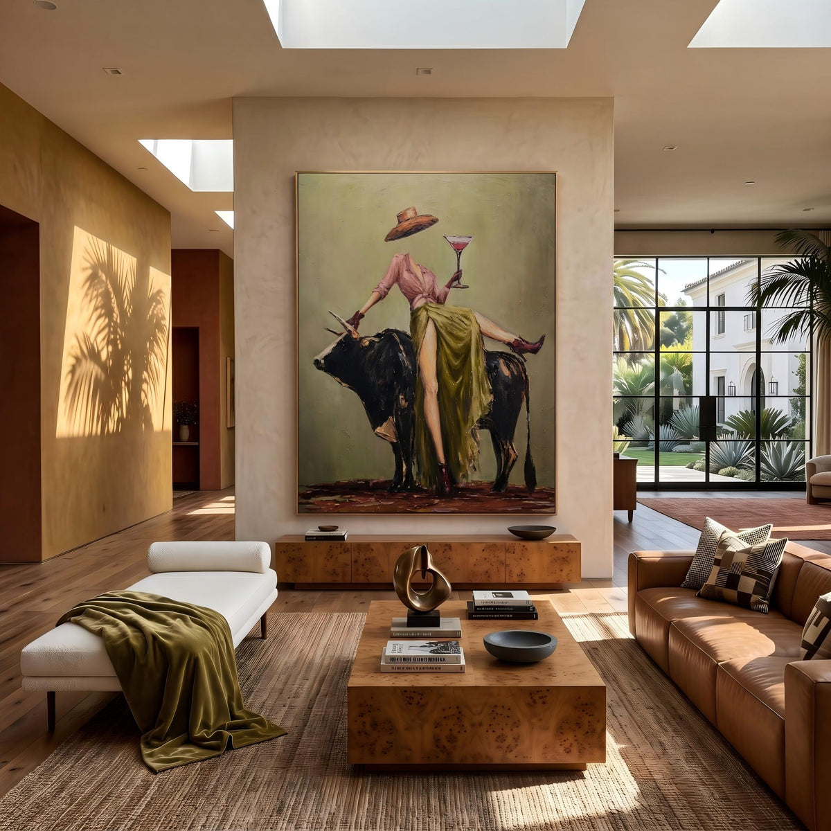 Martini Above Black Bull – Pop Art Cowgirl and Bull Painting | Bold Vertical Western Wall Art