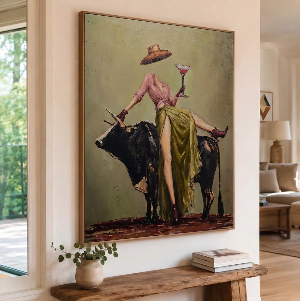 Martini Above Black Bull – Pop Art Cowgirl and Bull Painting | Bold Vertical Western Wall Art