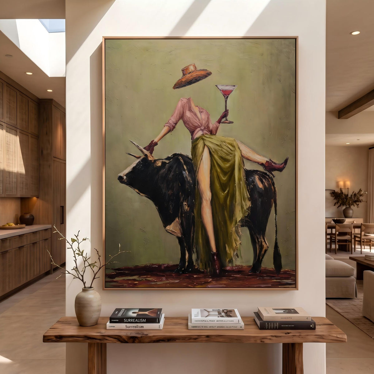 Martini Above Black Bull – Pop Art Cowgirl and Bull Painting | Bold Vertical Western Wall Art