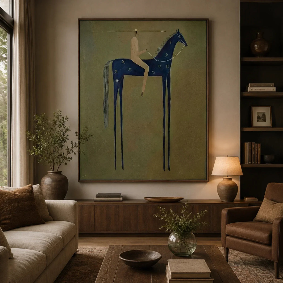 Blue Horse Stillness – Olive Blue Horse Rider Painting | Minimalist Western Vertical Wall Art