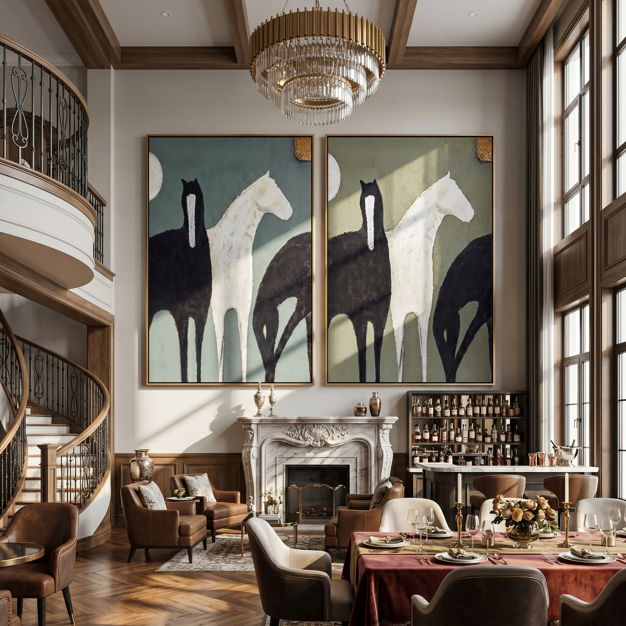 Moon Pair Diptych – Vintage Americana Black & White Horse Two-Panel Painting | Modern Organic Living Room Art