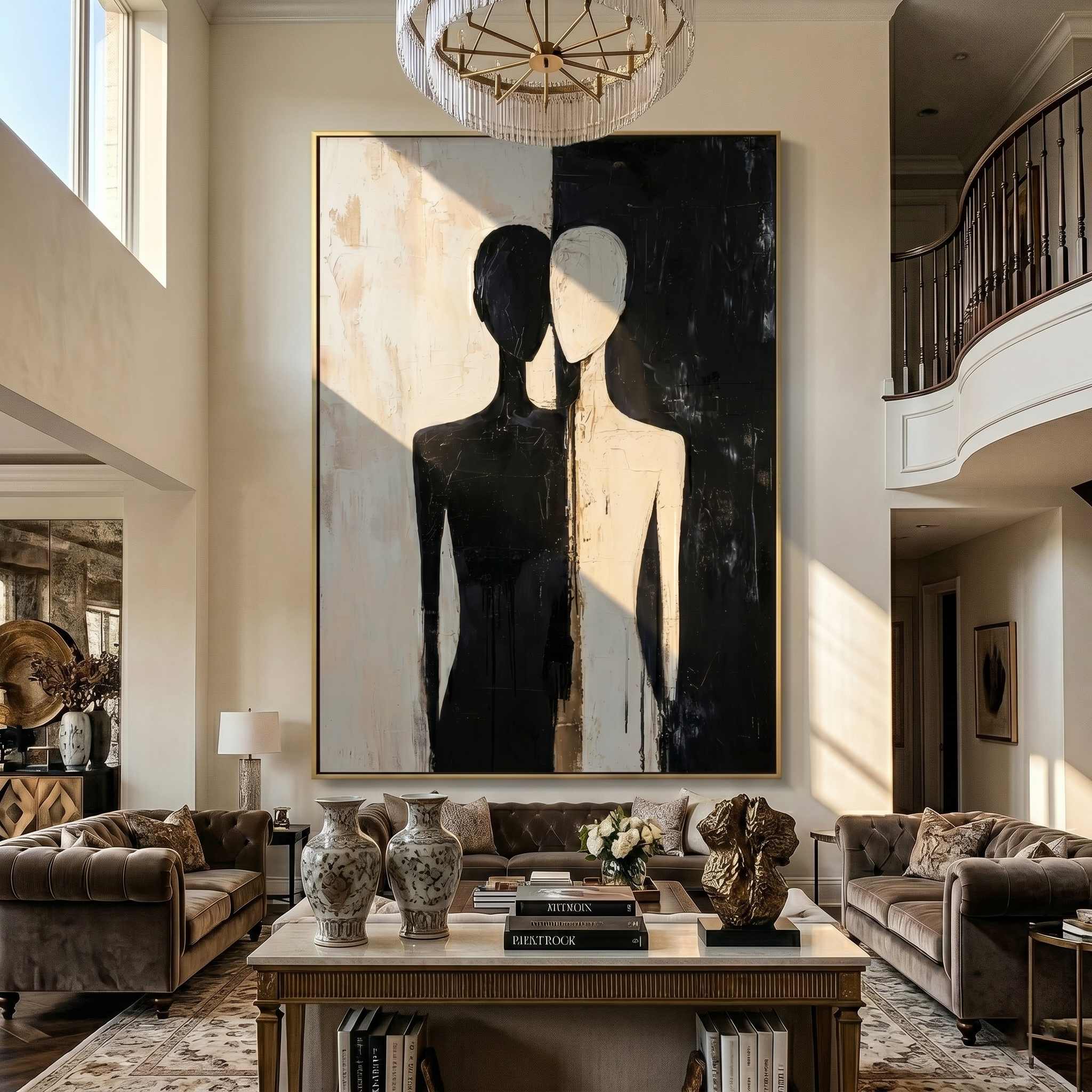 Dual Souls – Minimalist Black & White Abstract Figures Art | Modern Luxury Living Room Art
