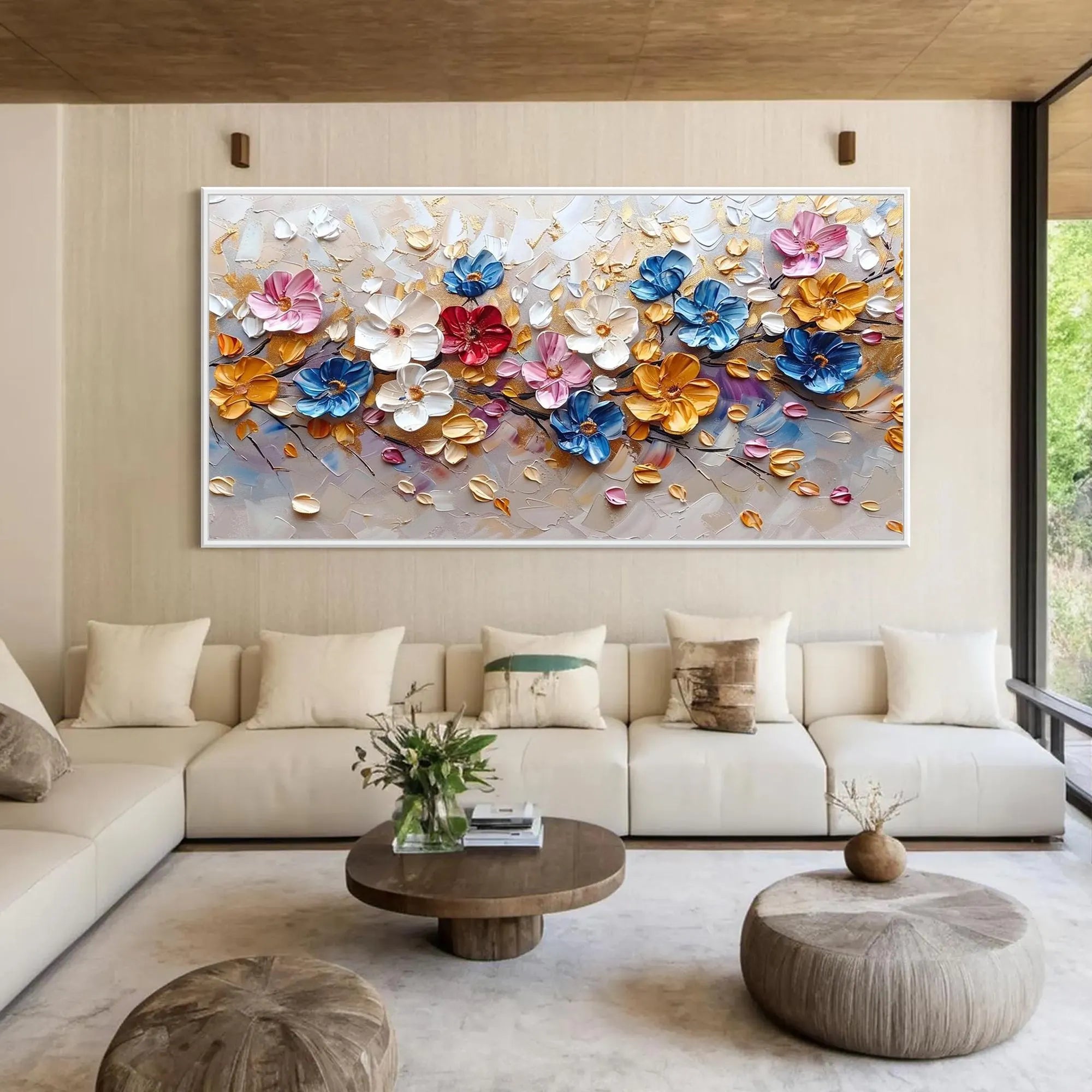 Prismatic Bloom – Hand-Painted Vibrant Multicolored 3D Impasto Palette Knife Floral Painting | Vibrant Botanical Living Room & Dining Room Art