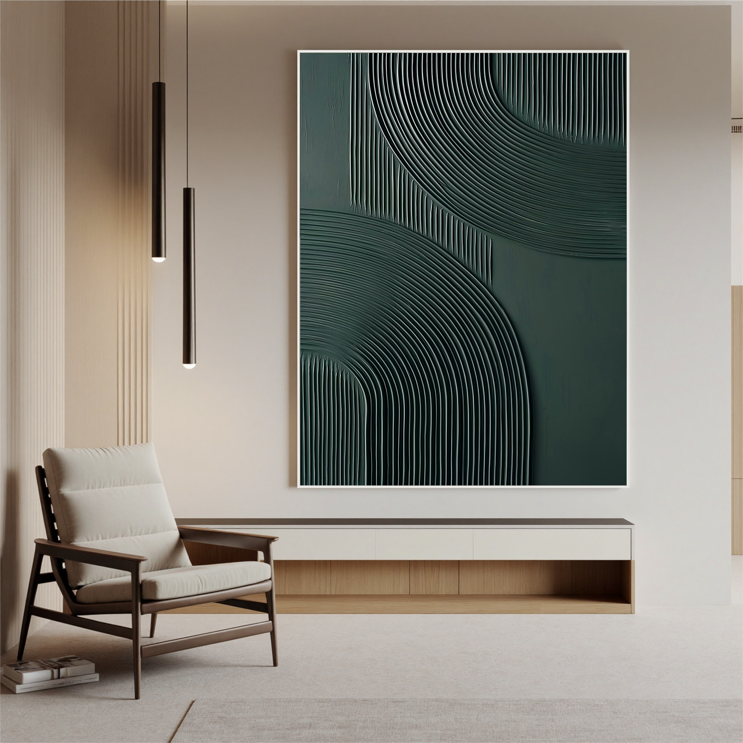 Forest Whispers – Mid-Century Modern Deep Green Textured Painting | Geometric Ribbed Plaster Hallway Art