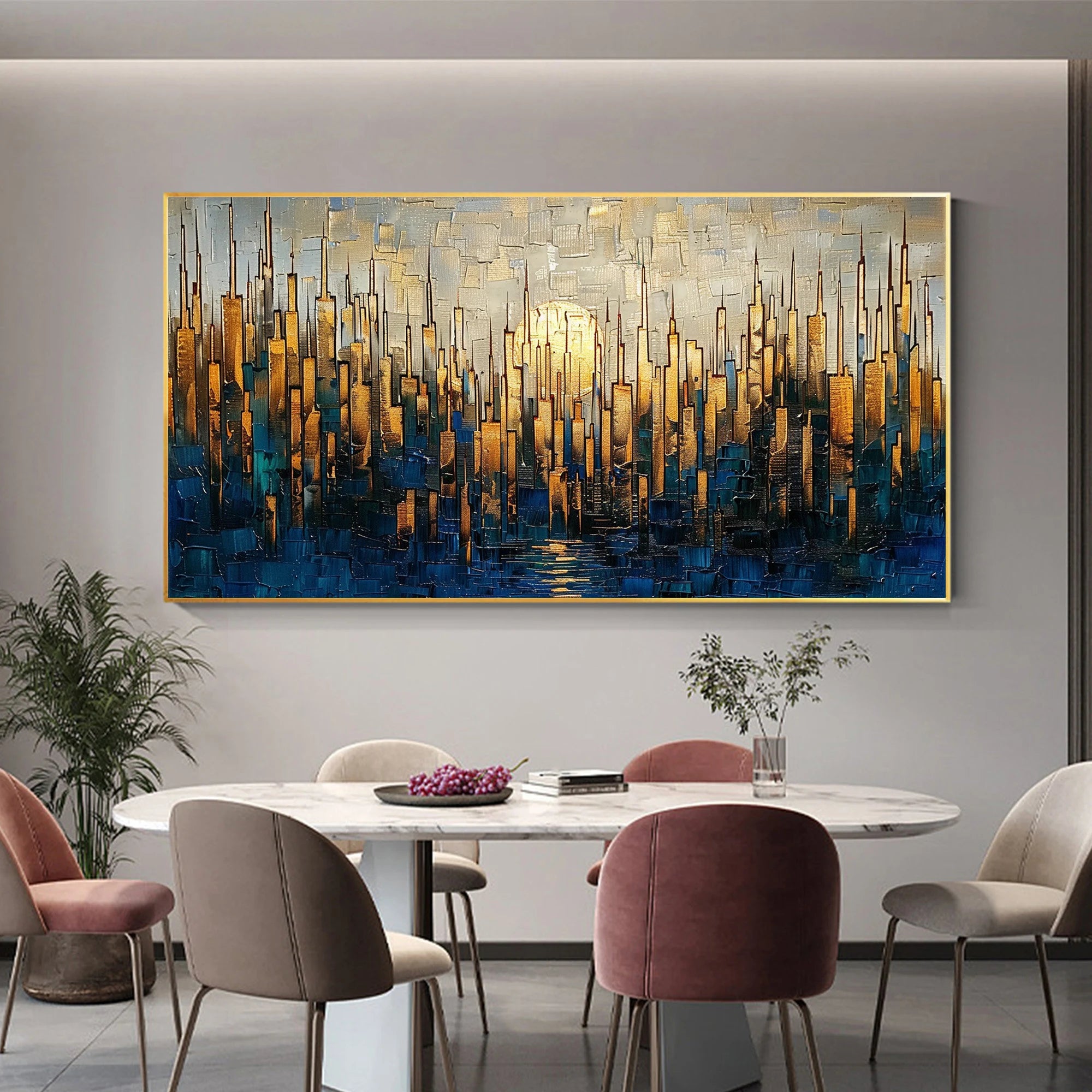 Glilded Horizon – Hand-Painted Blue and Gold Skyline Palette Knife Heavy Texture Oil Abstract Painting | Modern Abstract Living Room & Office Art