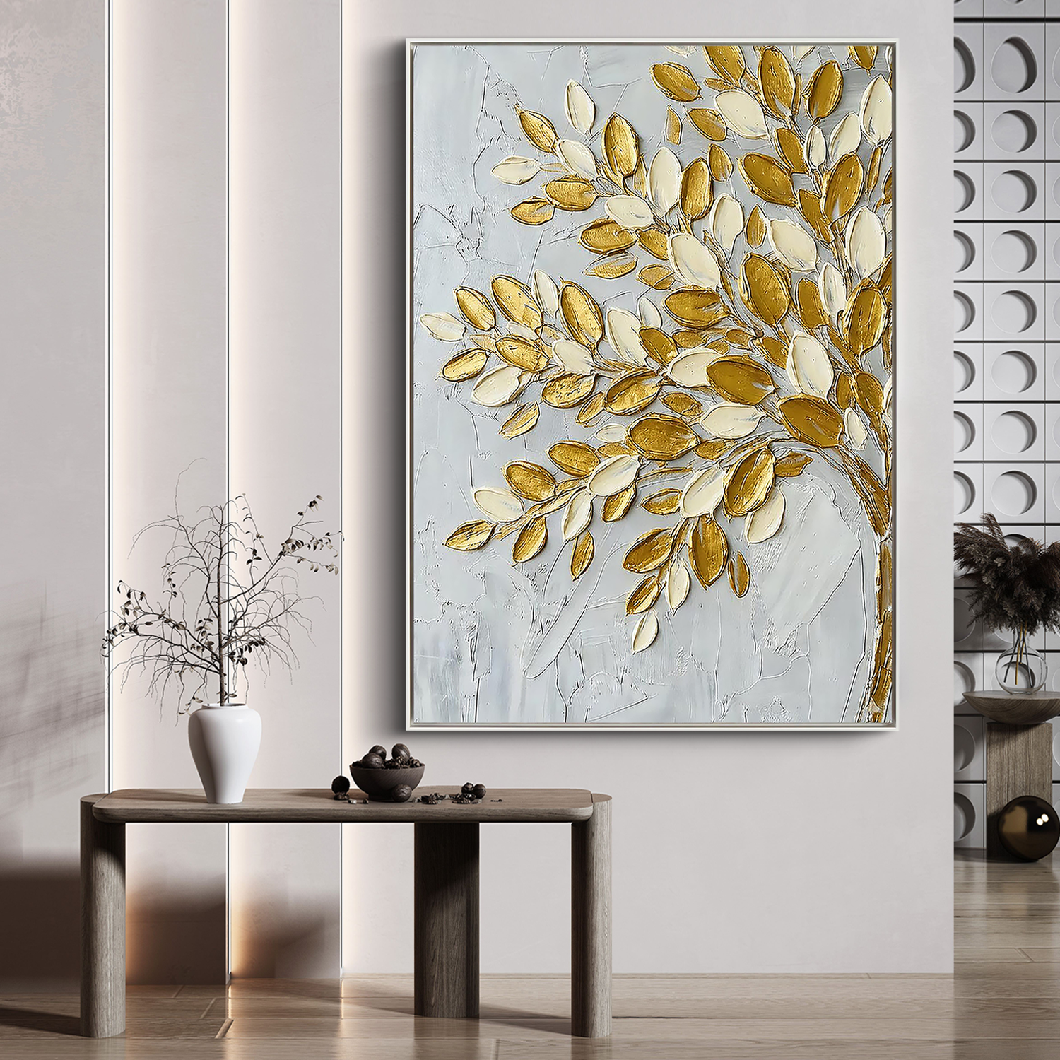 Gilded Prosperity – Modern Metallic Botanical Painting | Impasto Gold Leaf Tree Canvas Living Room Art
