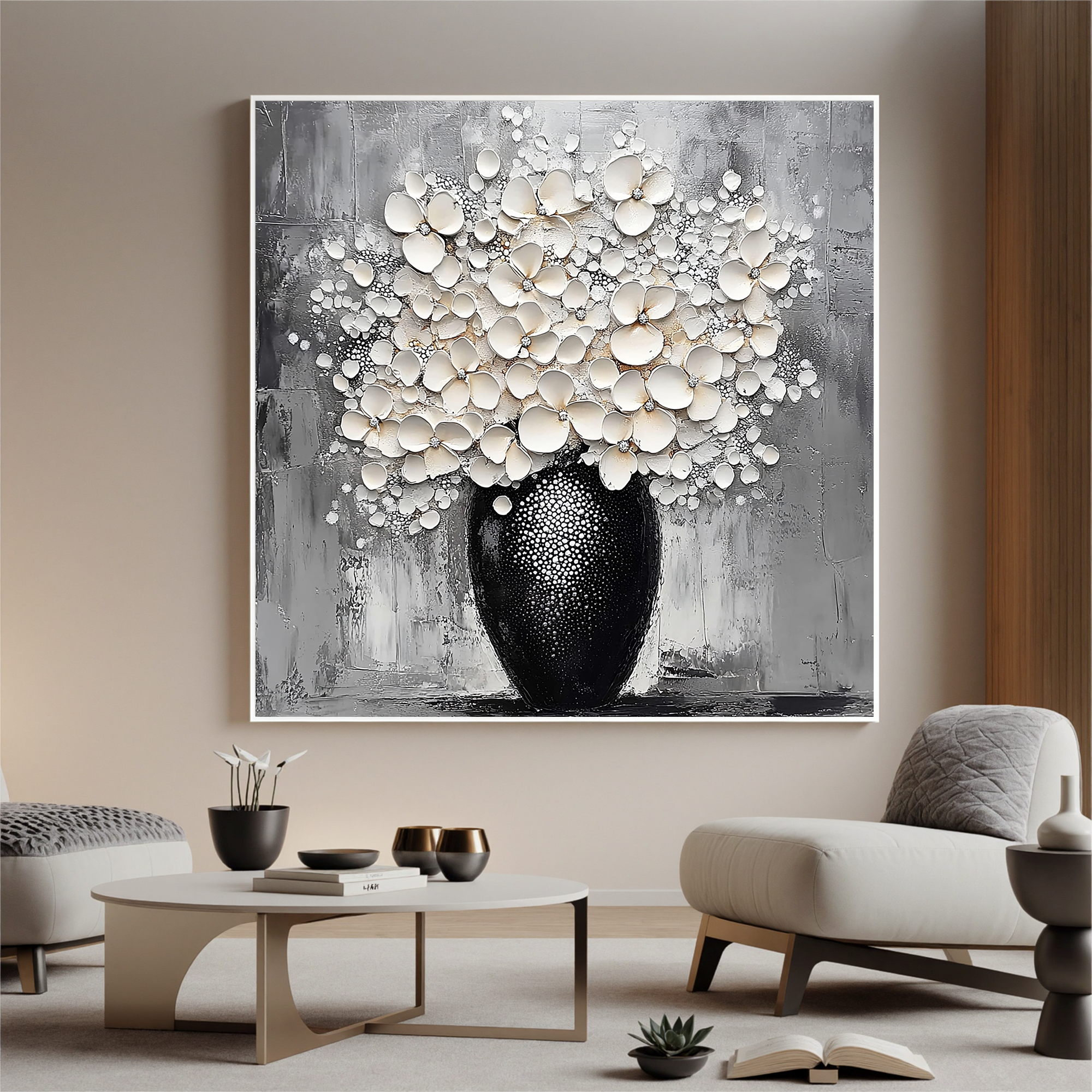 Blossoms in Relief – Modern Textured Floral Bouquet Painting | Luxury Black and White Still Life Vase Dining Room Art