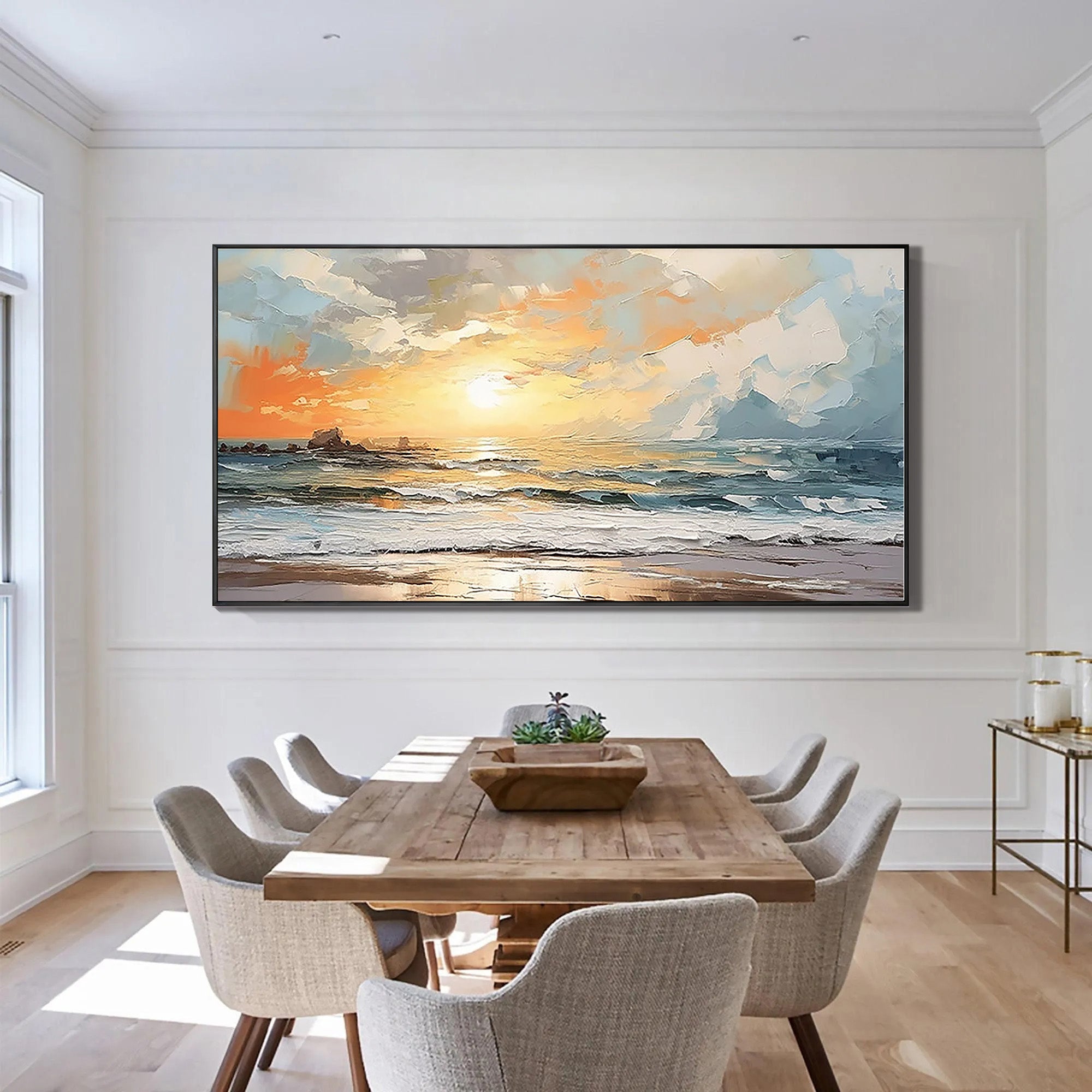 Sunset Glow – Impressionist Sea Sunset Scenery Hand-Painted Textured Landscape Oil Ocean Painting | Coastal Modern Living Room & Bedroom Art