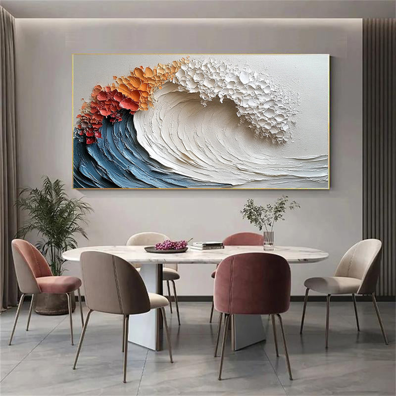 CRUSHING WAVE: Panoramic 3D Heavy Texture Ocean Wall Art, Modern Blue & White Wave Relief