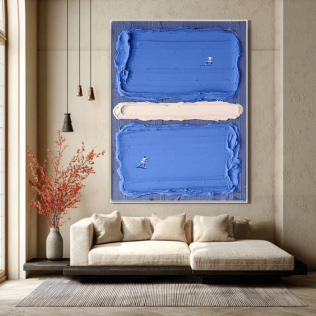 Court Horizon – Hand-Painted Deep Blue Tennis Court Athletes 3D Sport Painting | Contemporary Sport Home Office & Living Room Art