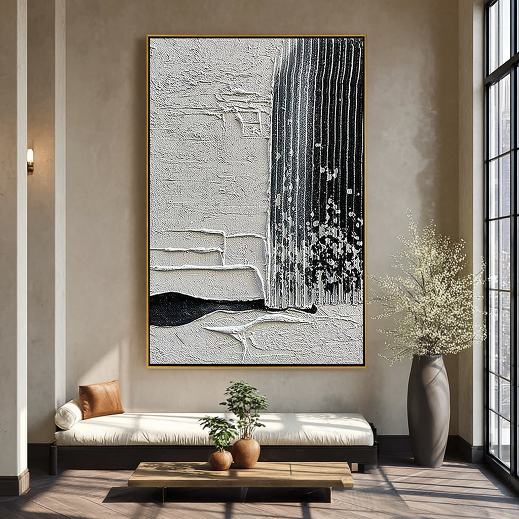INDUSTRIAL RIDGE: Modern Abstract Minimalist Wall Art, Black & White Vertical Plaster Relief
