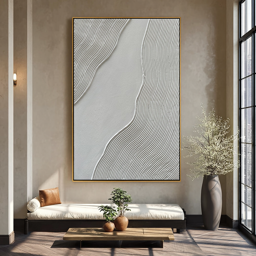 Silk Ripples – Modern White Linear Wave Relief Texture Painting | Contemporary Plaster Texture Living Room & Office Art
