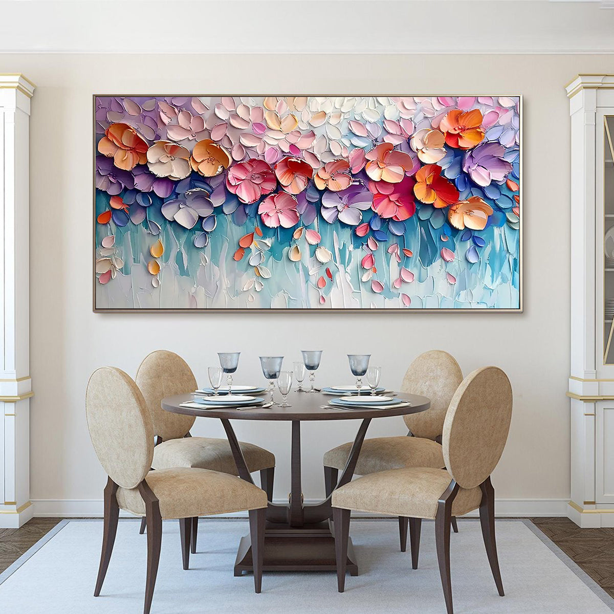 Flora’s Reverie – Modern 3D Impasto Pastel Floral Art | Romantic Living Room Horizontal Canvas