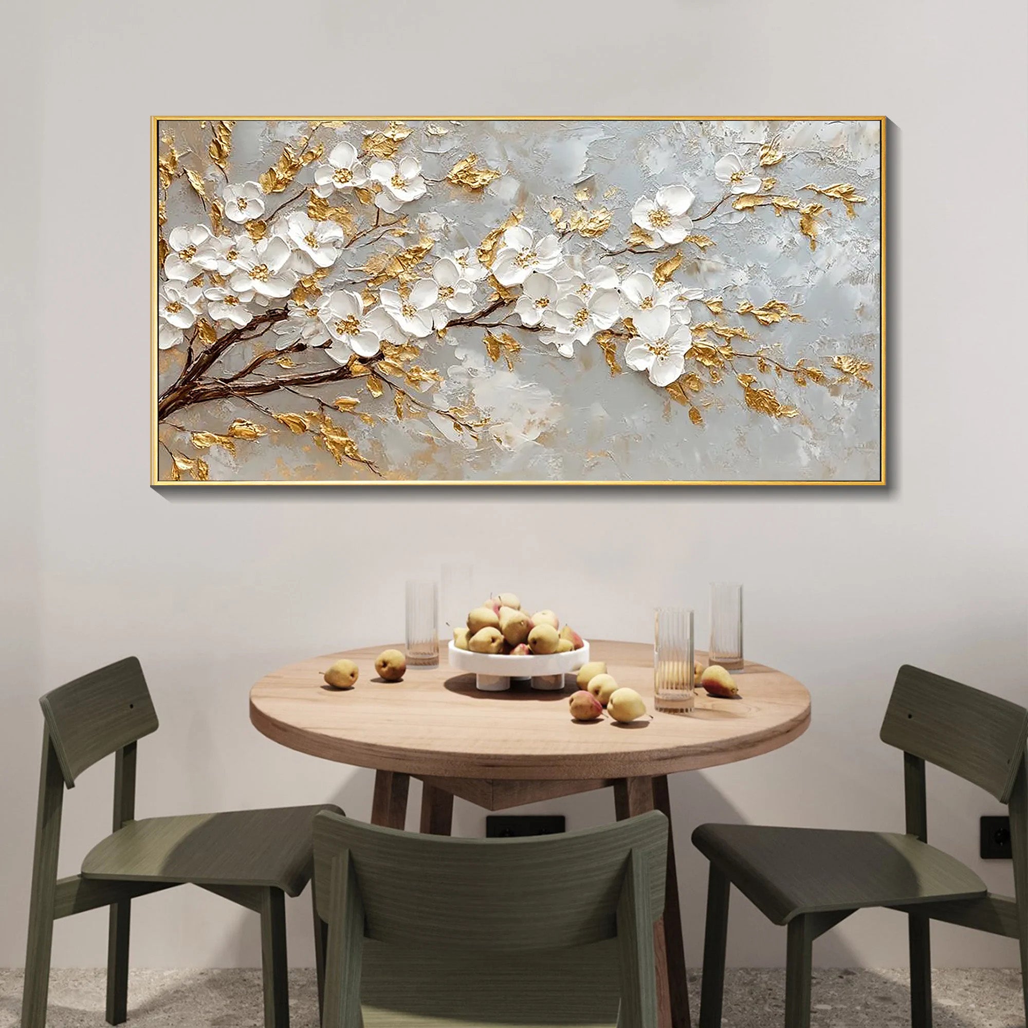 Golden Orchard – 3D Impasto White Cherry Blossom Hand-Painted Floral Painting | Modern Luxury Botanical Bedroom & Living Room Art