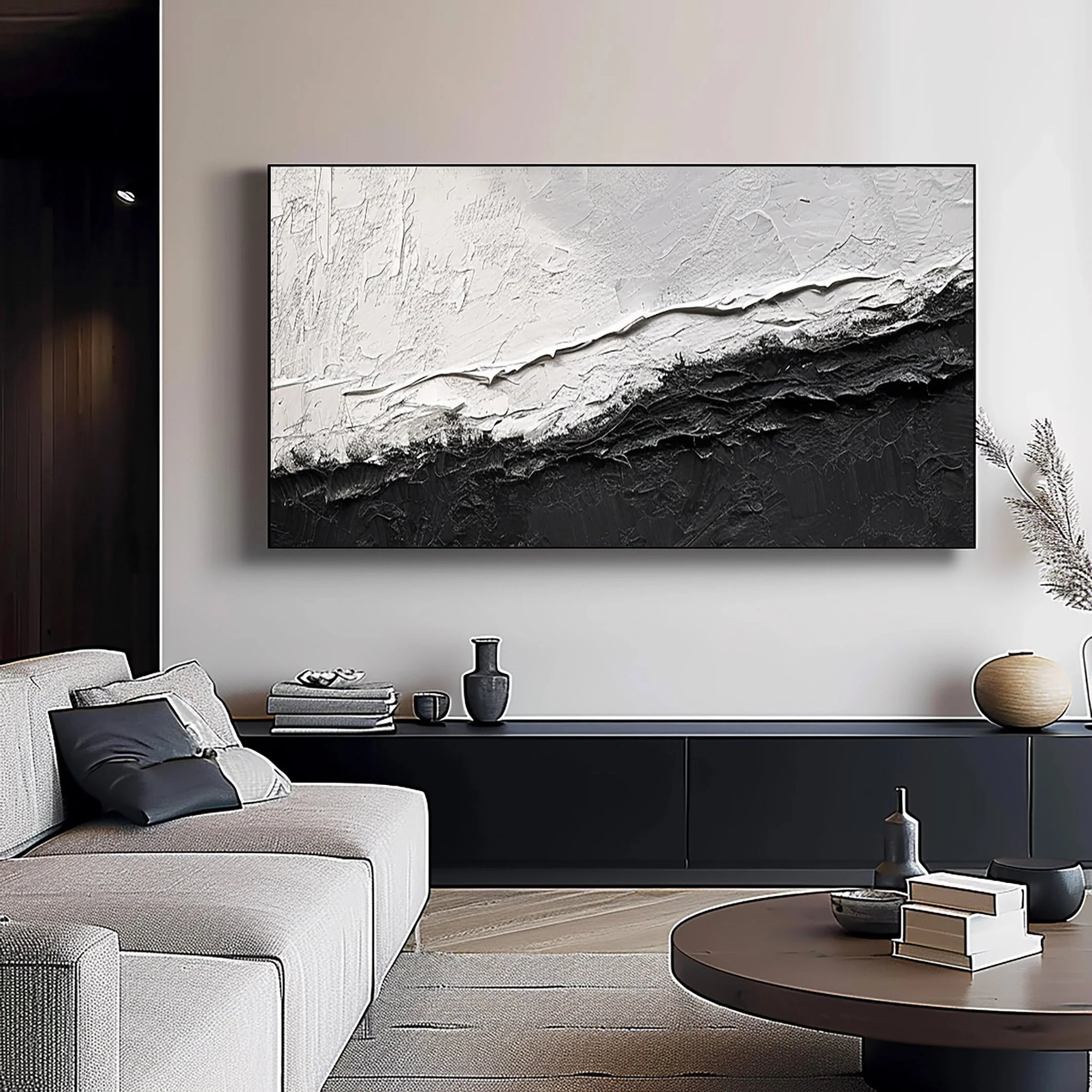 Mono Divide – Industrial Minimalist Black & White Painting | Textured Abstract Living Room Art