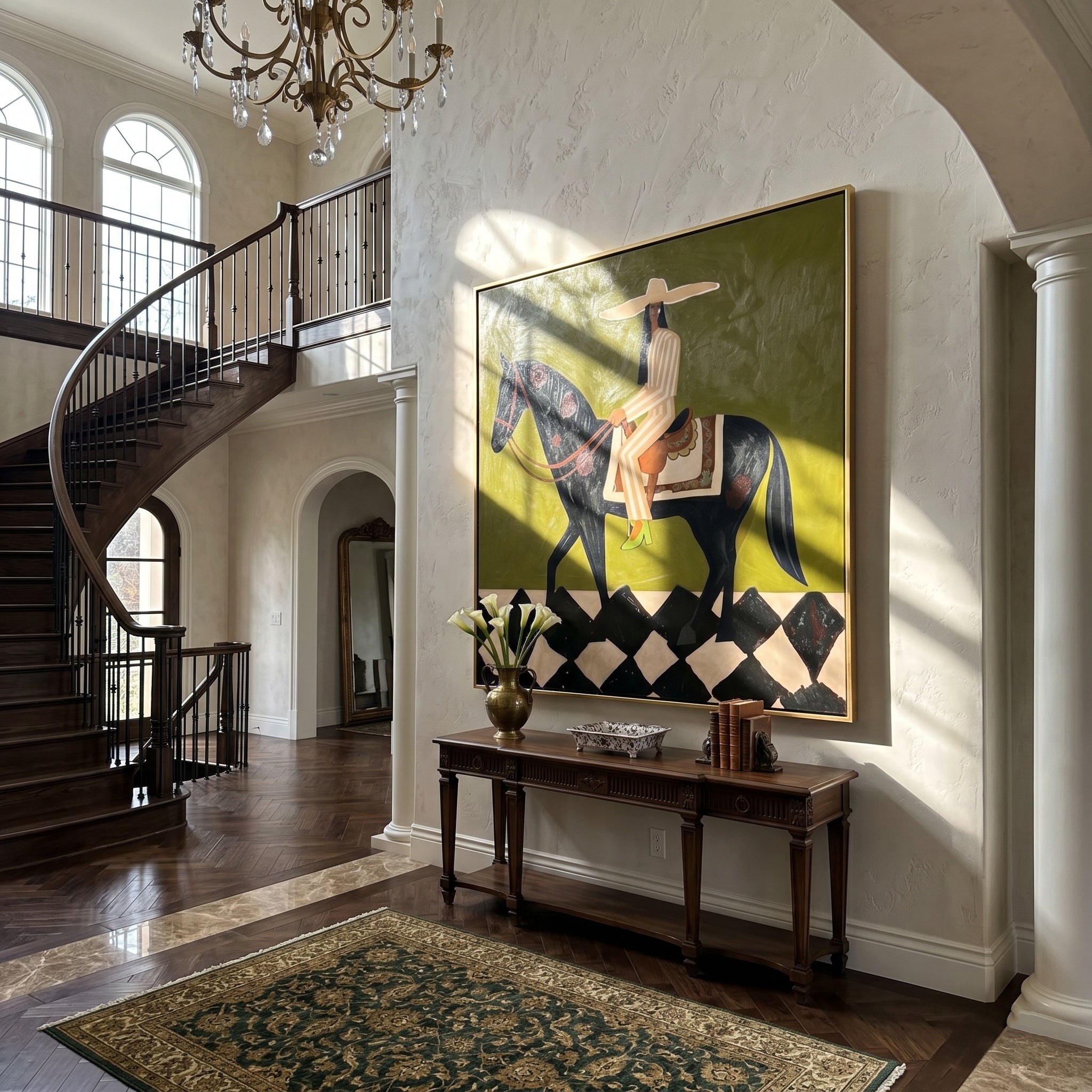 The Emerald Promenade – Modern Olive Green Black Horse Painting | Chic Checkerboard Square Hallway Art