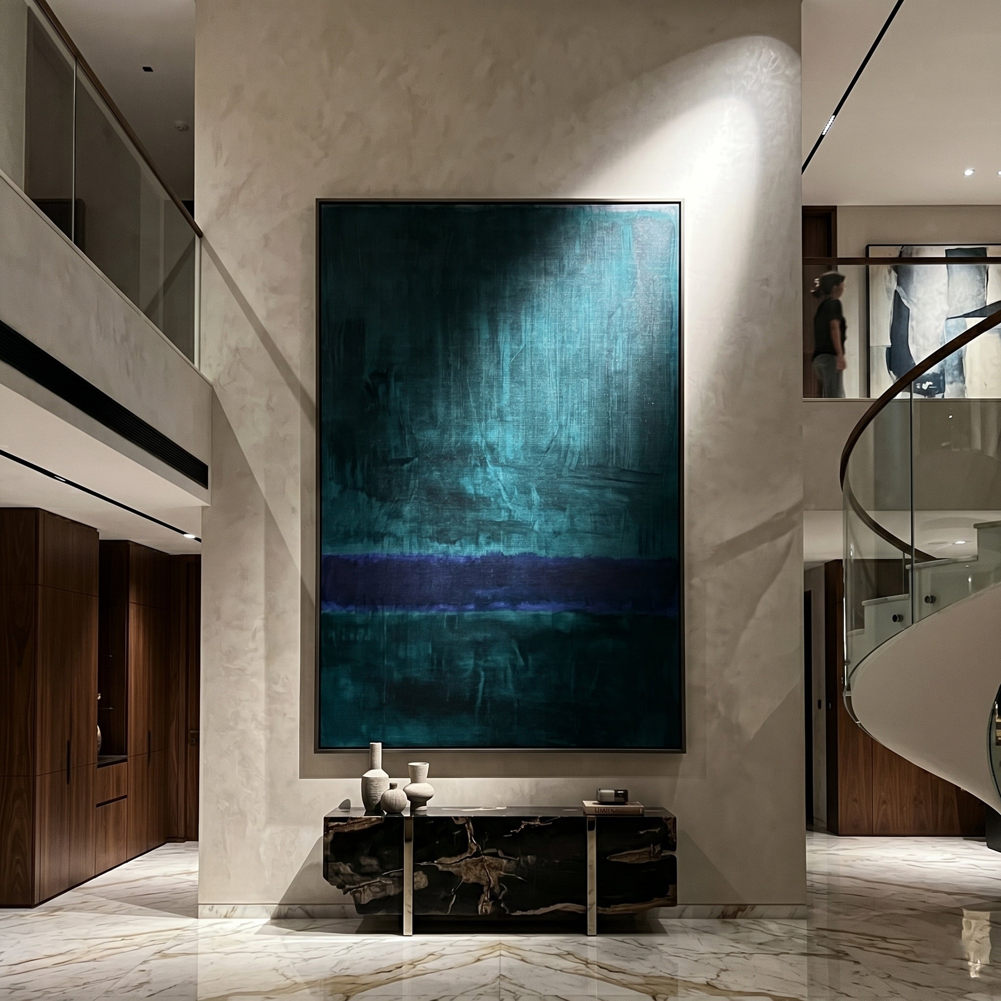 The Abyssal Calm – Modernist Deep Teal & Violet Abstract Painting | Minimalist Mood Home Office Art