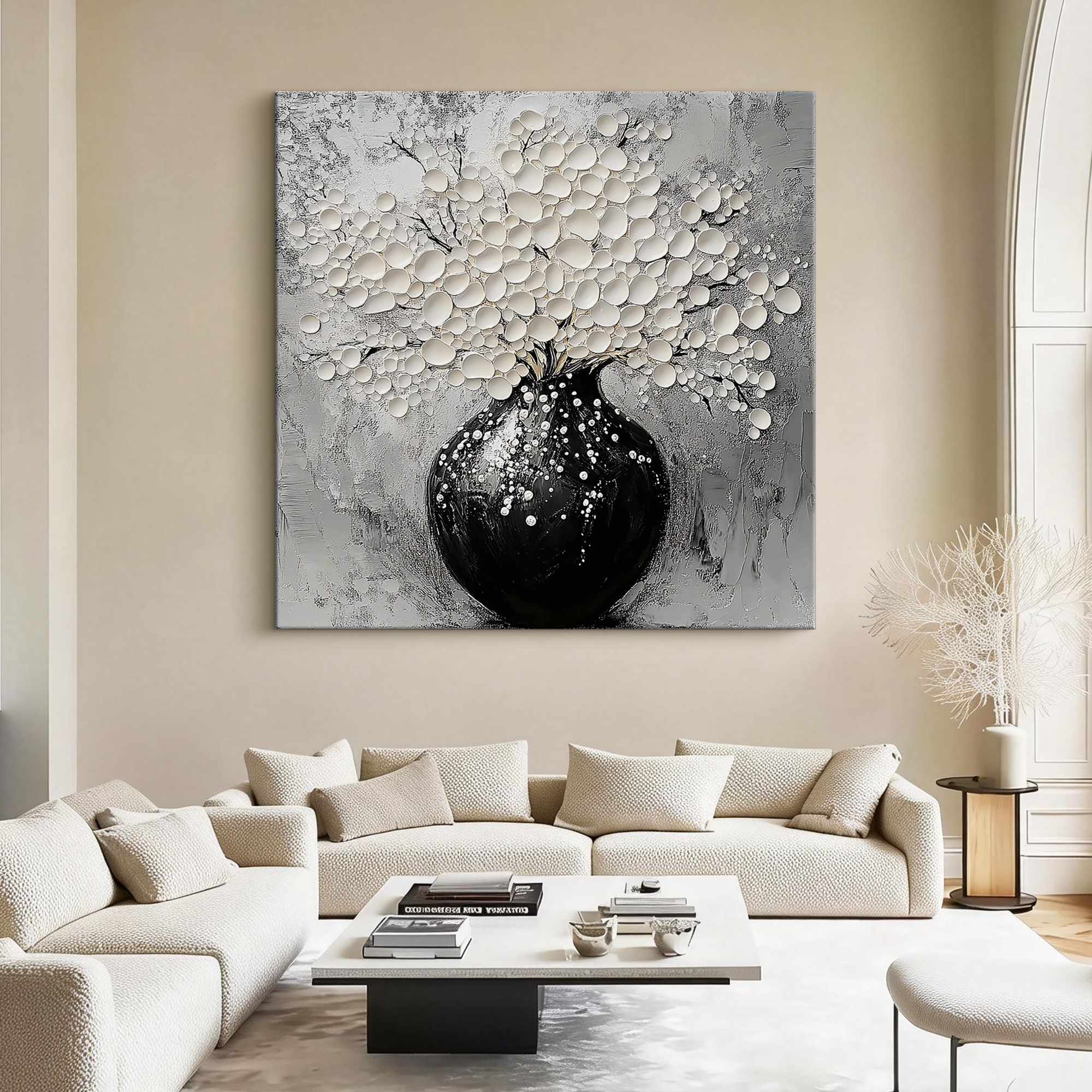 Serene Bloom – Modern Black-and-White Minimalist Relief Texture Painting |  White-Flower Hallway Art