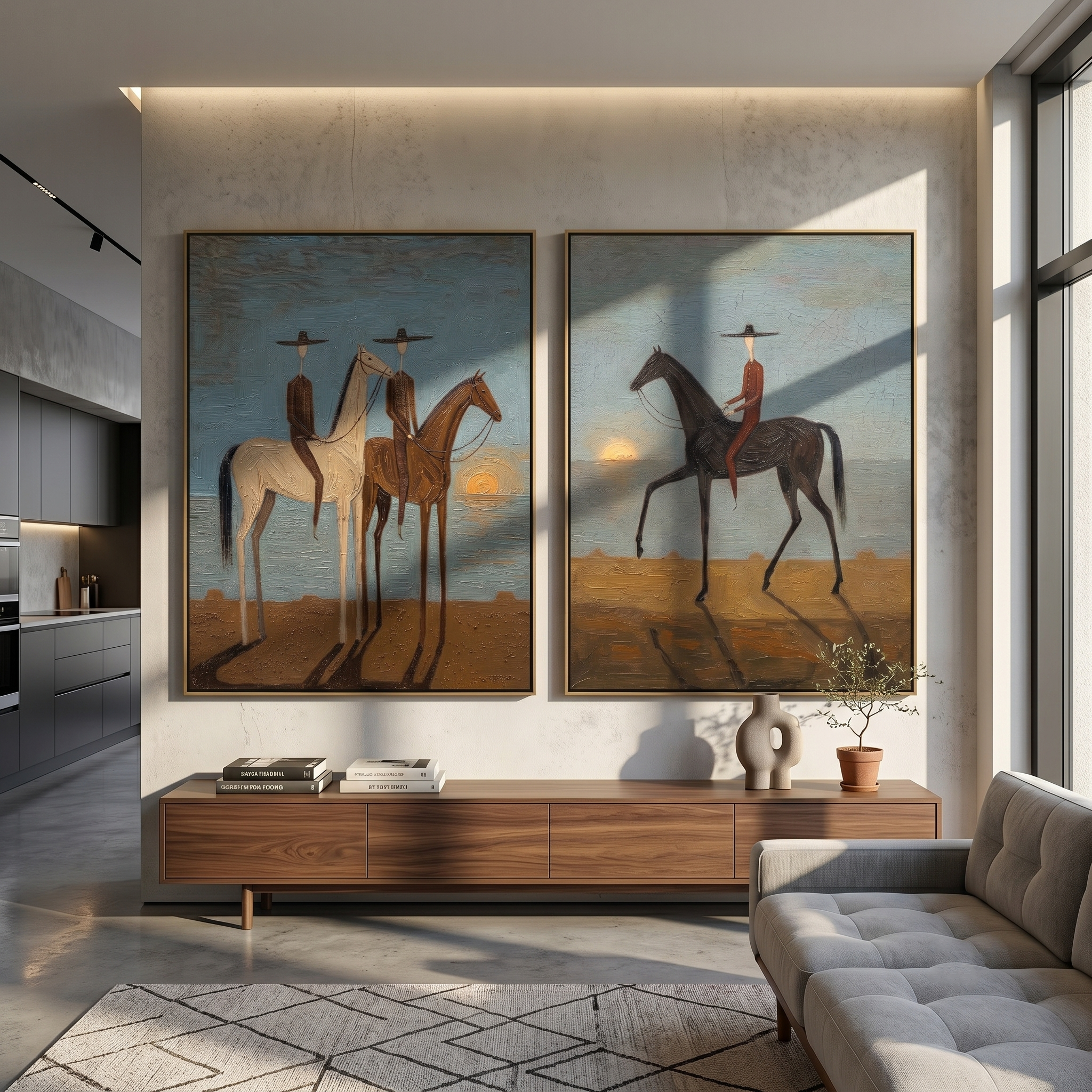Dusk Riders Diptych – Vintage Americana Cowboys at Sunset Two-Panel Painting | Atmospheric Western Living Room Art