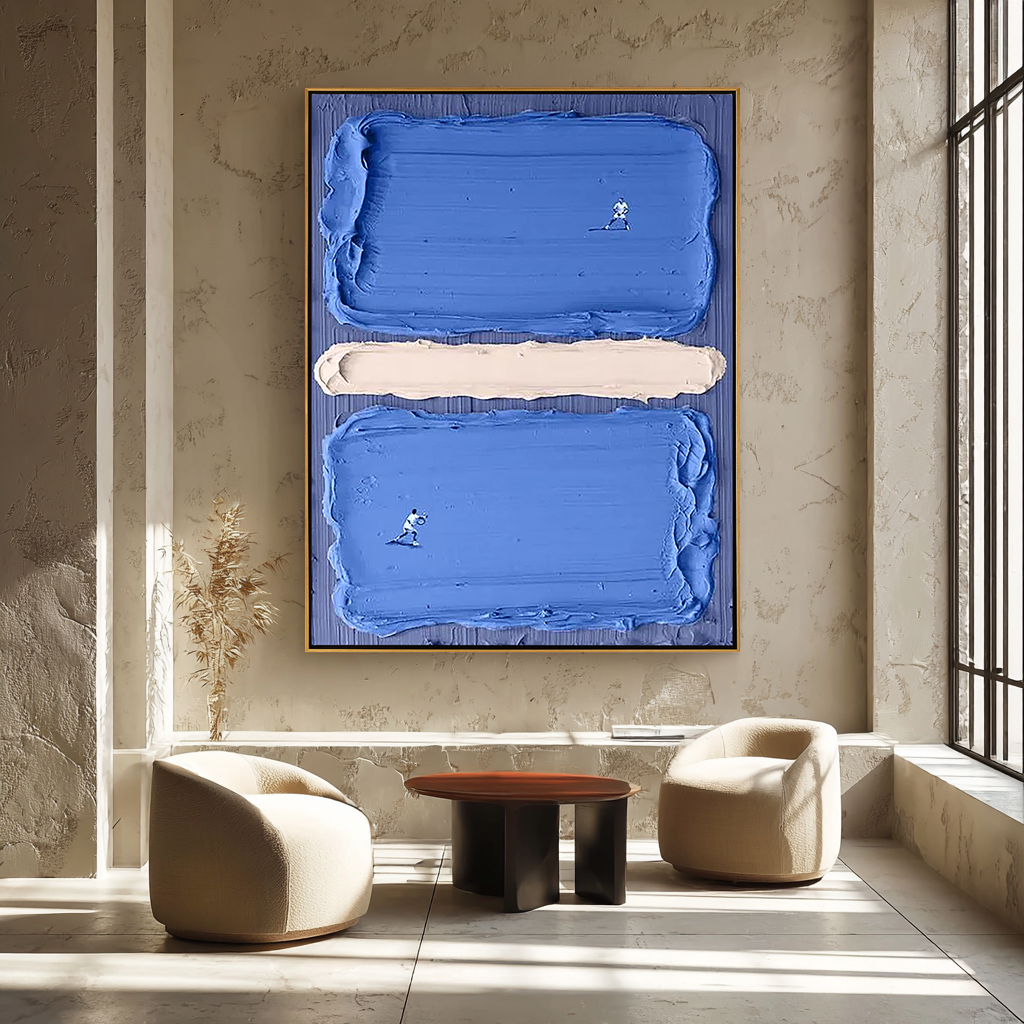 Court Horizon – Hand-Painted Deep Blue Tennis Court Athletes 3D Sport Painting | Contemporary Sport Home Office & Living Room Art
