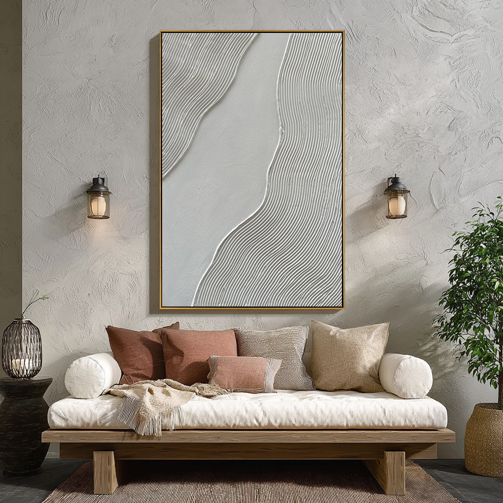 Silk Ripples – Modern White Linear Wave Relief Texture Painting | Contemporary Plaster Texture Living Room & Office Art